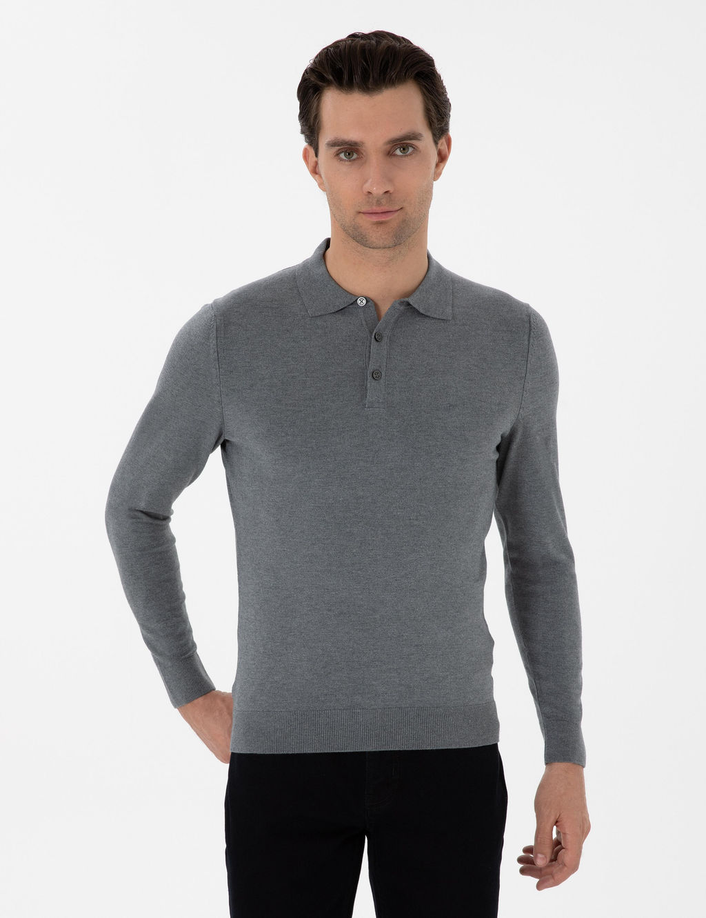 Gri Slim Fit Polo Yaka Triko Kazak