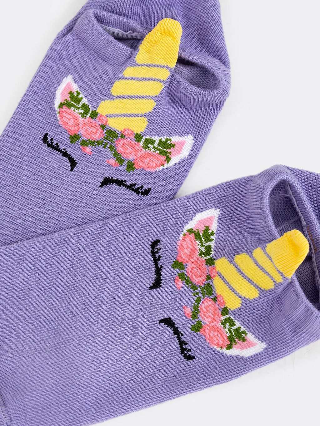 Цена за 5 пар! Носки детские короткие фиолетовые с рисунком единорога и 3-д - Mark formelle фото 2