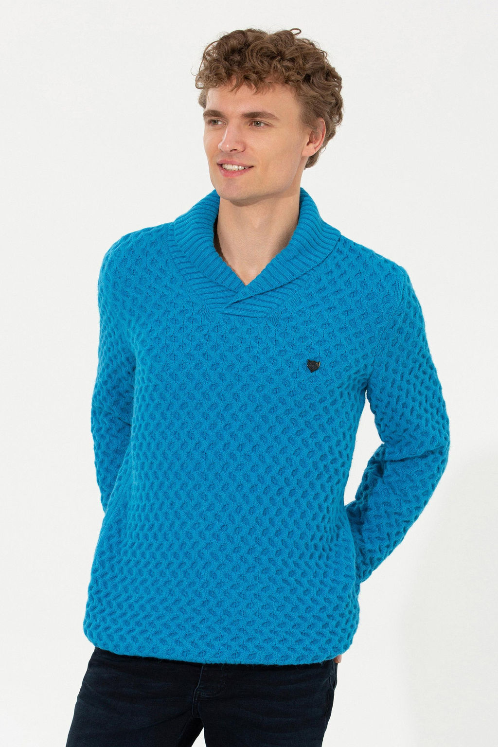 U. S. Polo Assn Мужской трикотажный свитер кобальтового меланжевого цвета с шалевым воротником - U.s. polo assn фото 3