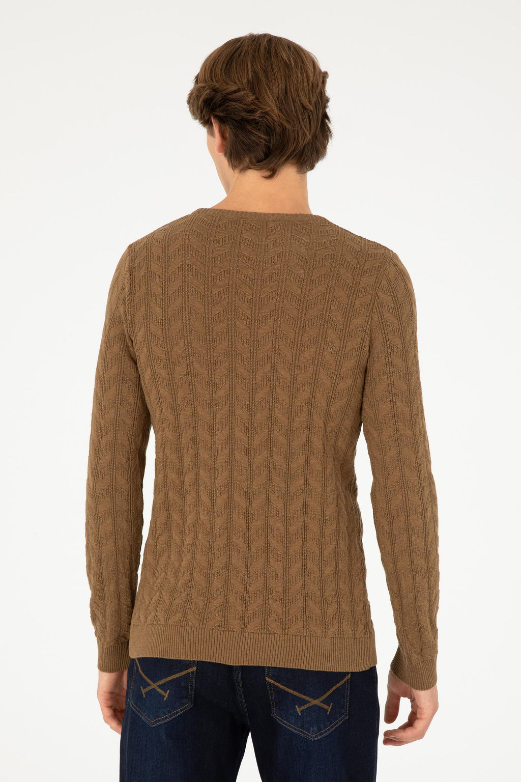 Erkek Slim Fit Bisiklet Yaka Haki Melanj Basic Kazak