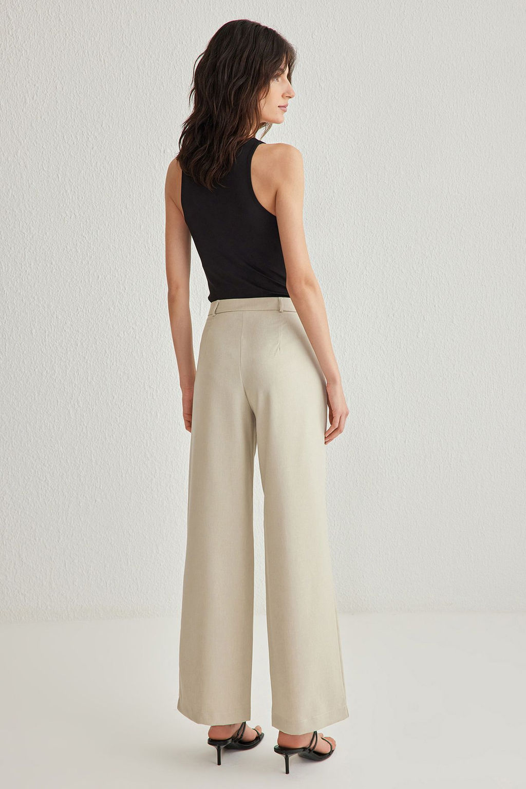 Bej Wide Leg/Genis Paca Pilili Dokuma Pantolon TWOAW22PL0475