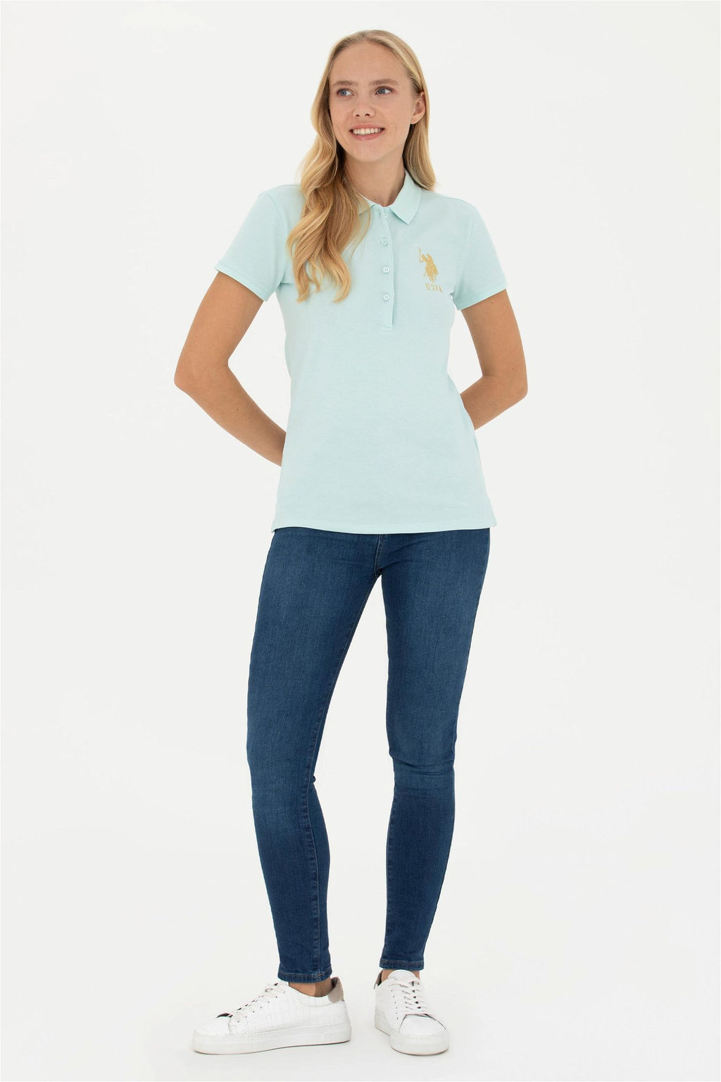 Женская базовая футболка цвета водного зеленого цвета с воротником-поло Неожиданная скидка в корзине - U.s. polo assn фото 4