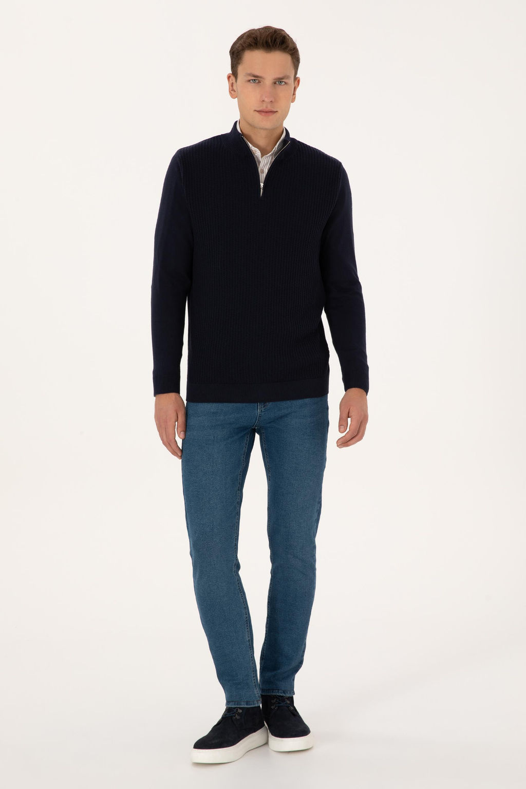 Erkek Slim Fit Yar_m Fermuarl_ Lacivert Kazak