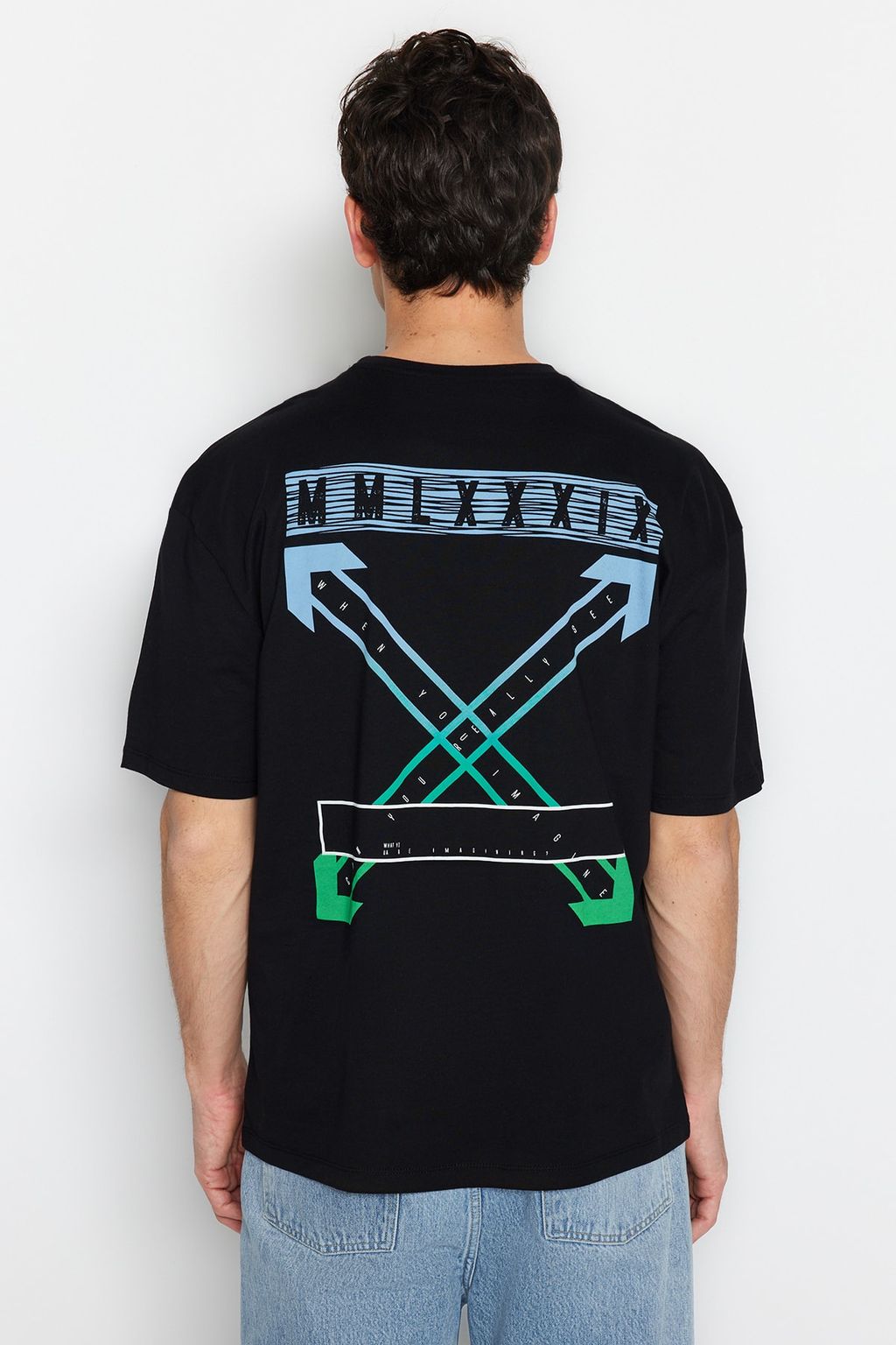 TRENDYOL MAN Siyah Oversize/Genis Kesim S?rt Bask?l? %100 Pamuklu T-shirt TMNSS20TS1132 - Trendyolmilla фото 7
