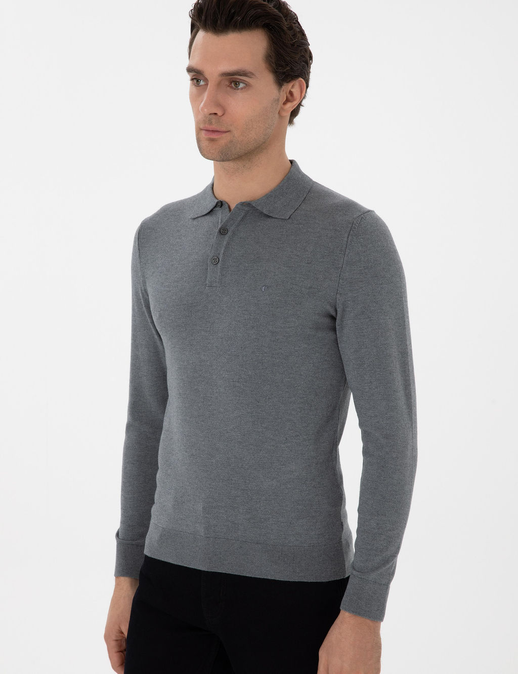 Gri Slim Fit Polo Yaka Triko Kazak - Cacharel фото 3