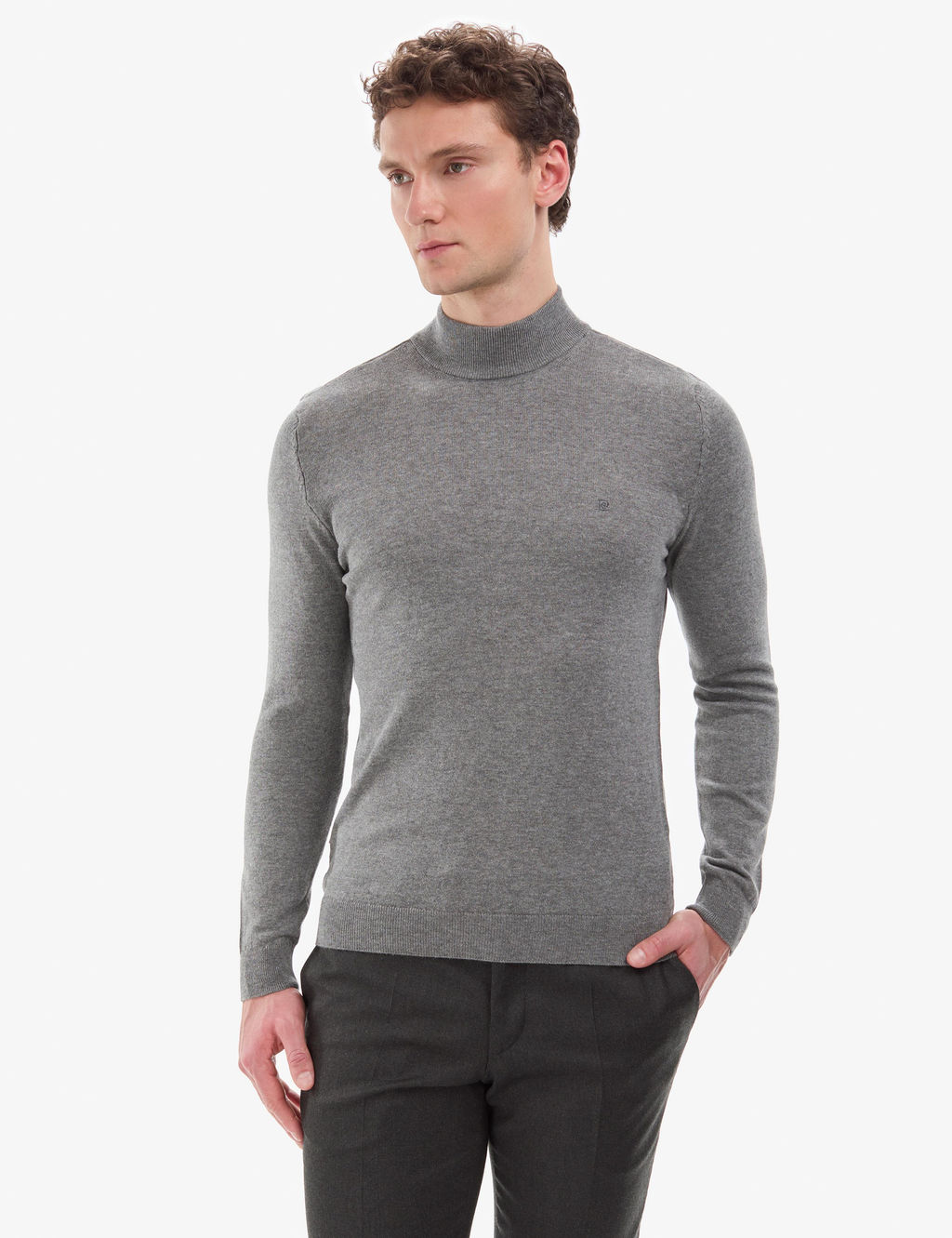 Gri Melanj Slim Fit Yar_m Bal_k__ Yaka Basic Triko Kazak