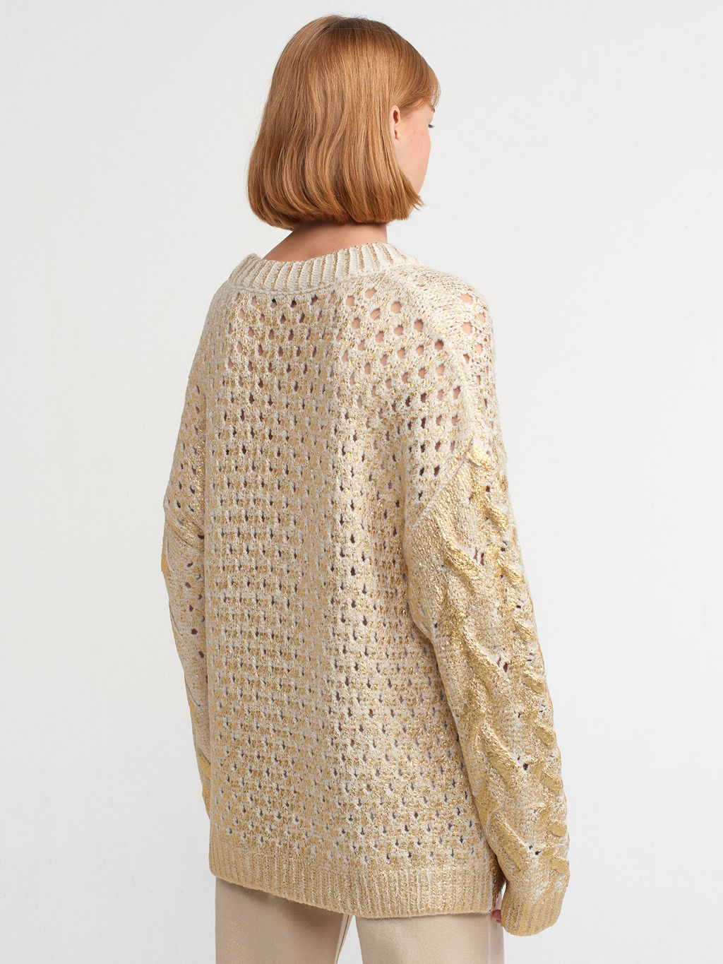10465 Вязаный свитер с принтом фольги для волос-Экрю-Золото