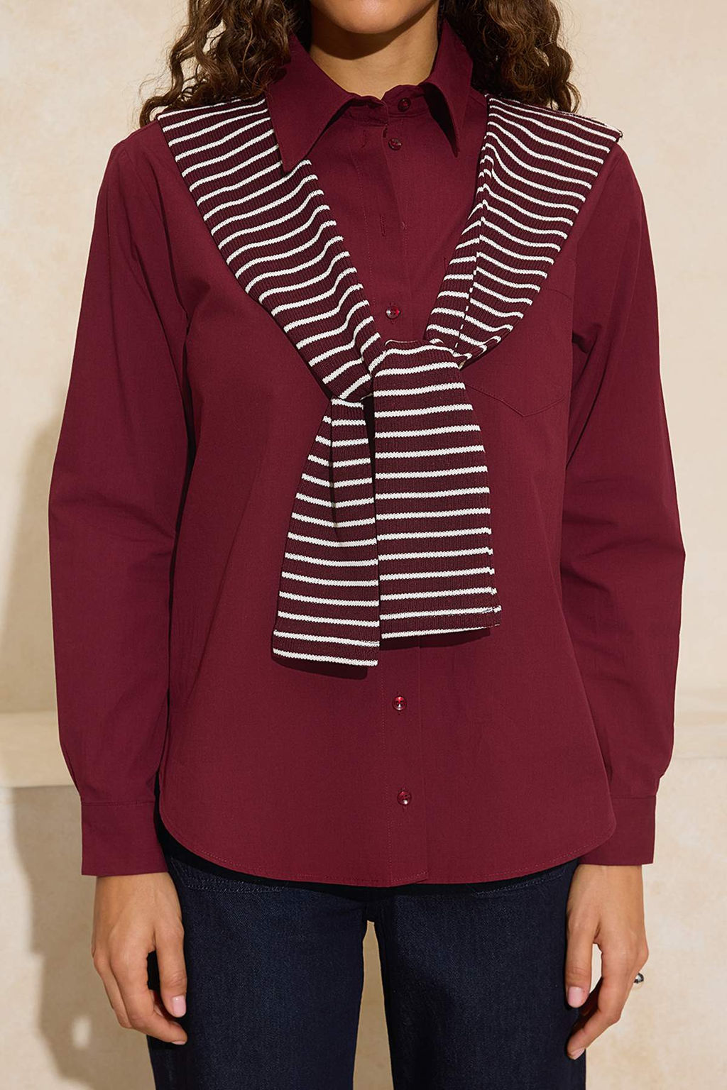 Koyu Bordo Yakas? Baglamal? Oversiz/Genis Kal?p Gomlek TWOSS26GO00015 - Trendyolmilla фото 6