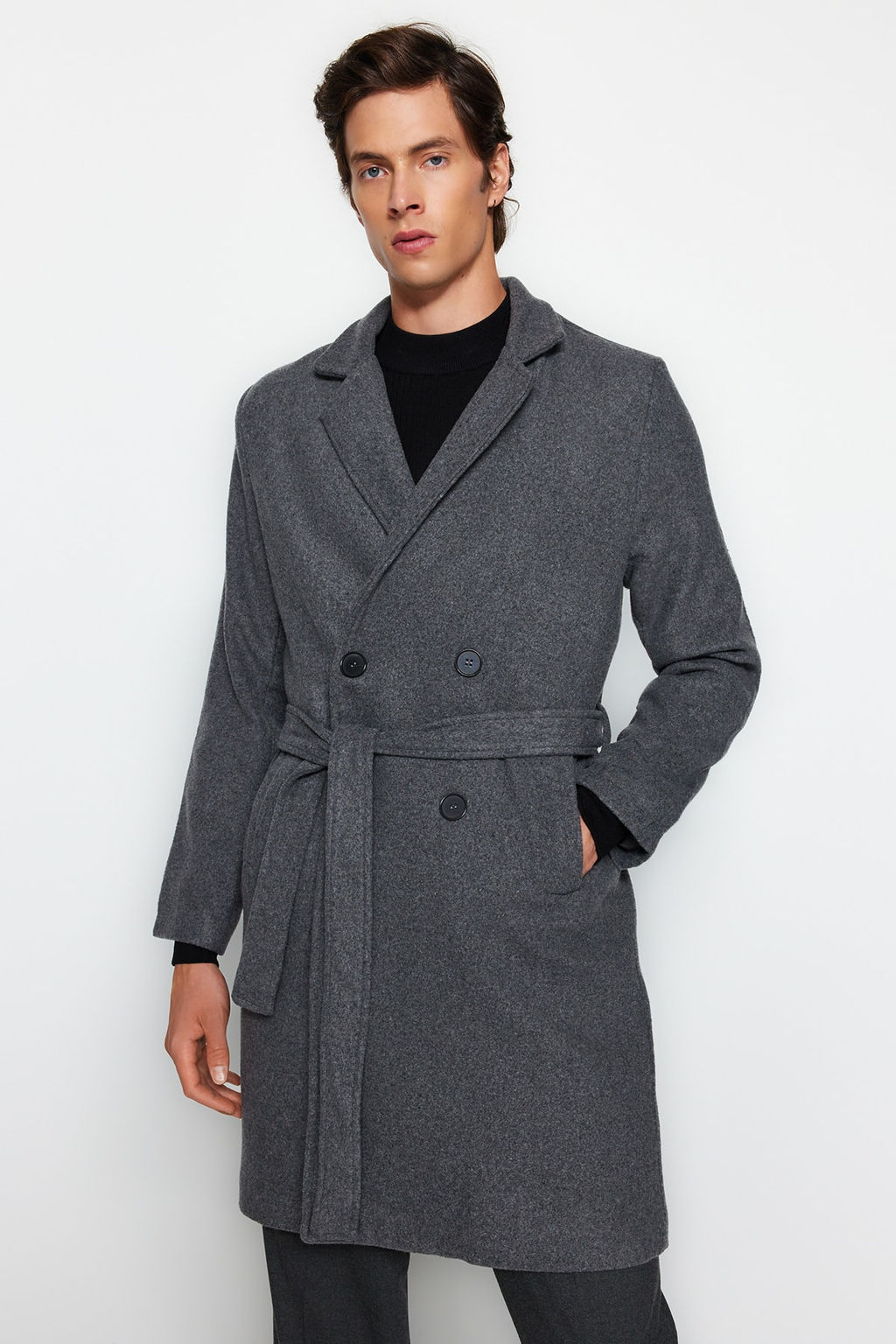 Antrasit Regular Fit Kruvaze Kapama Kusak Baglama Detayl? Uzun Kase K?sl?k Kaban TMNAW21KB0101 - Trendyolmilla фото 2