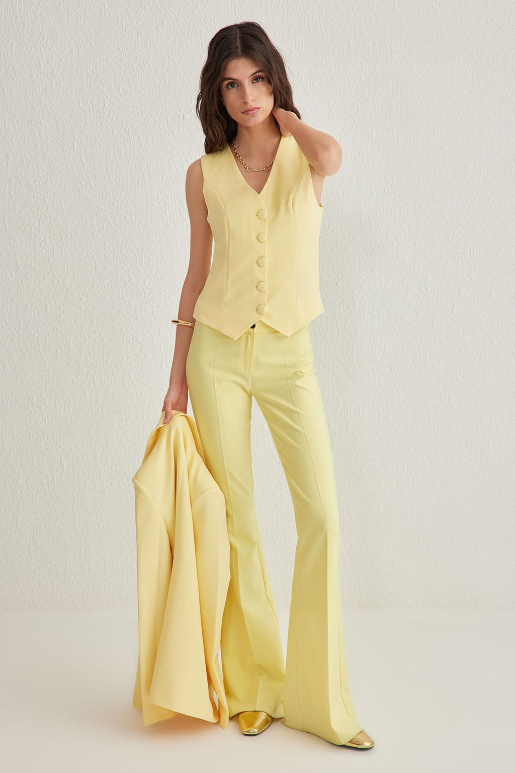 Sar? Fitted Dugmeli Crop Dokuma Yelek TWOSS21YE0009