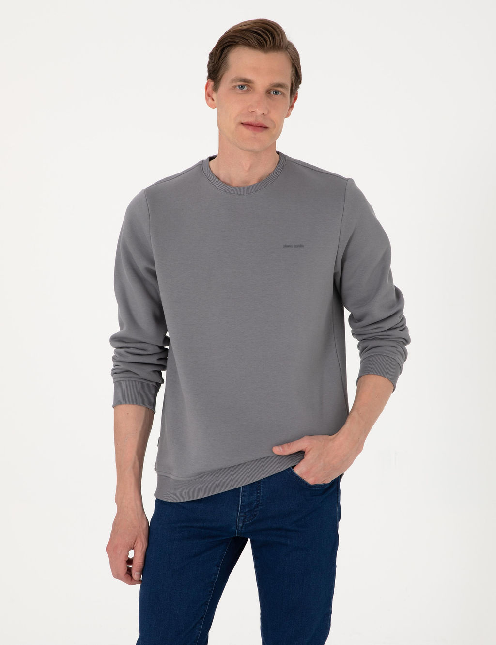 Gri 3 _plik Regular Fit __i Polarl_ Bisiklet Yaka Basic Sweatshirt