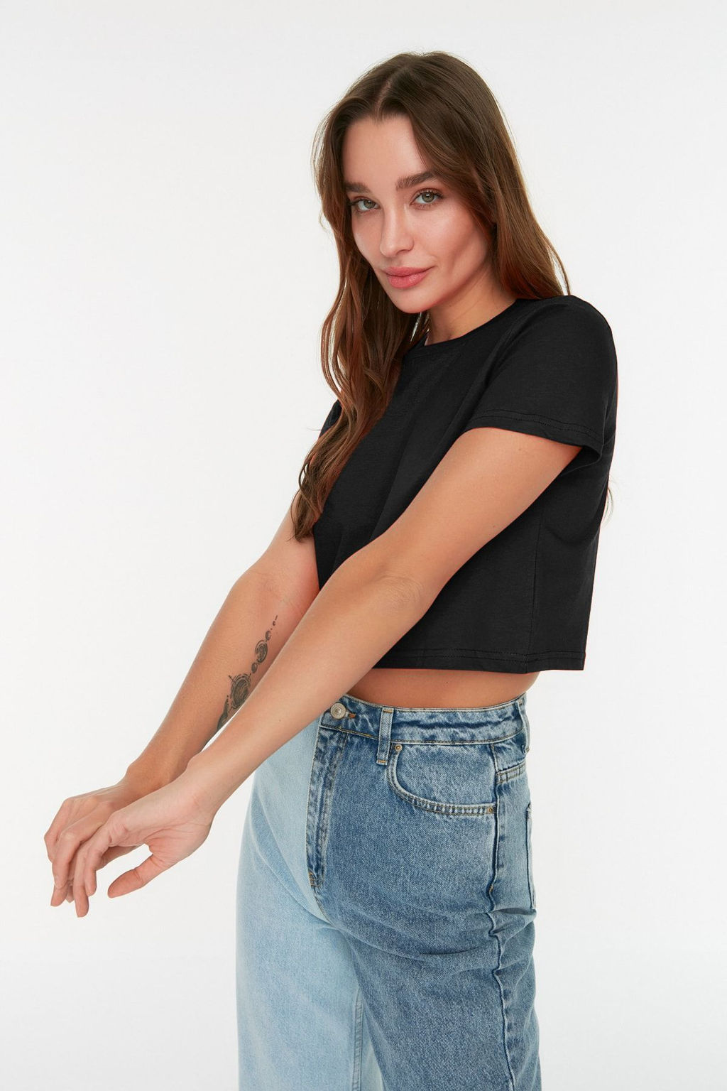 Mor-Antrasit 2li Paket %100 Pamuk Crop Bisiklet Yaka Orme T-Shirt TWOSS20TS1480