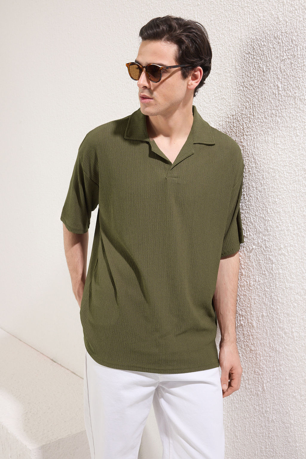 TRENDYOL MAN Haki Oversize/Genis Kesim Burumcuk Dokulu Premium Kalite Polo Yaka T-shirt TMNSS25PO00018 - Trendyolmilla фото 7