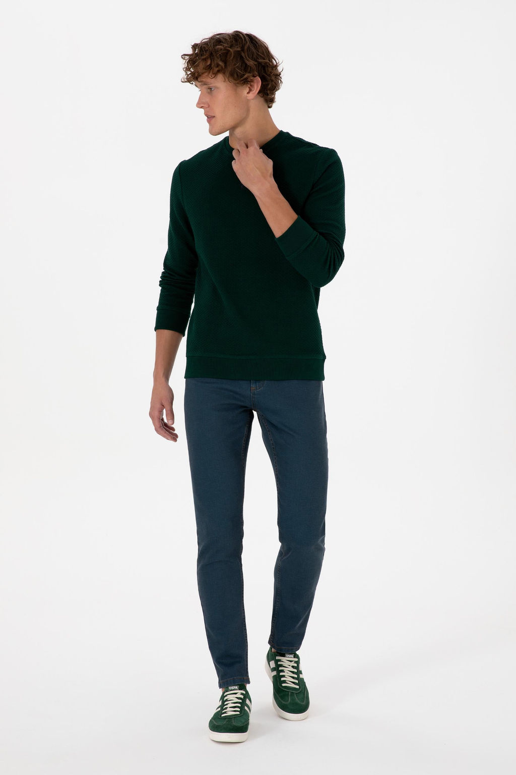Erkek Regular Fit Bisiklet Yaka Koyu Ye_il Sweatshirt