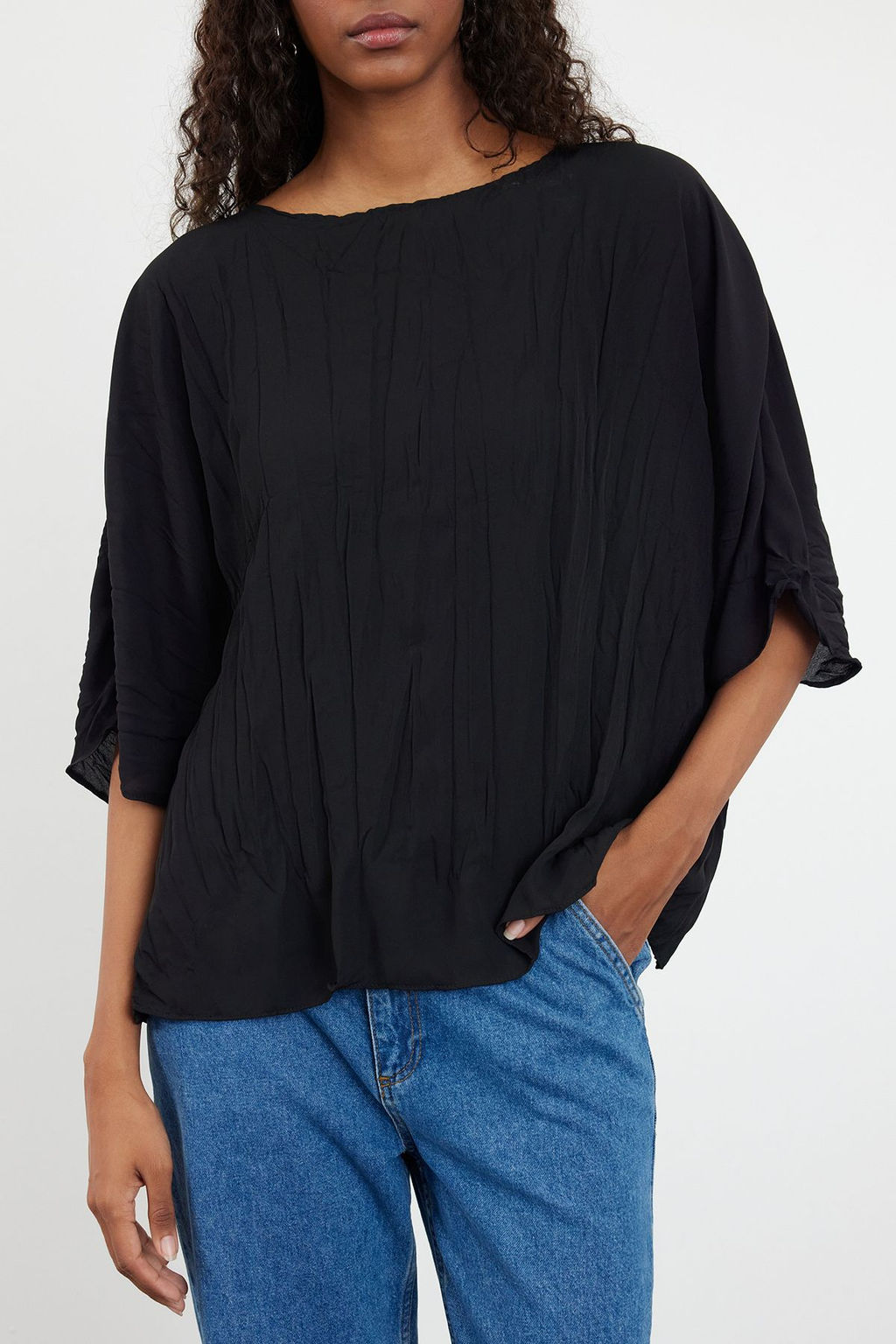 Siyah K?r?s?k Efektli K?sa Kollu Dokuma Bluz TWOAW25BZ00051 - Trendyolmilla фото 3