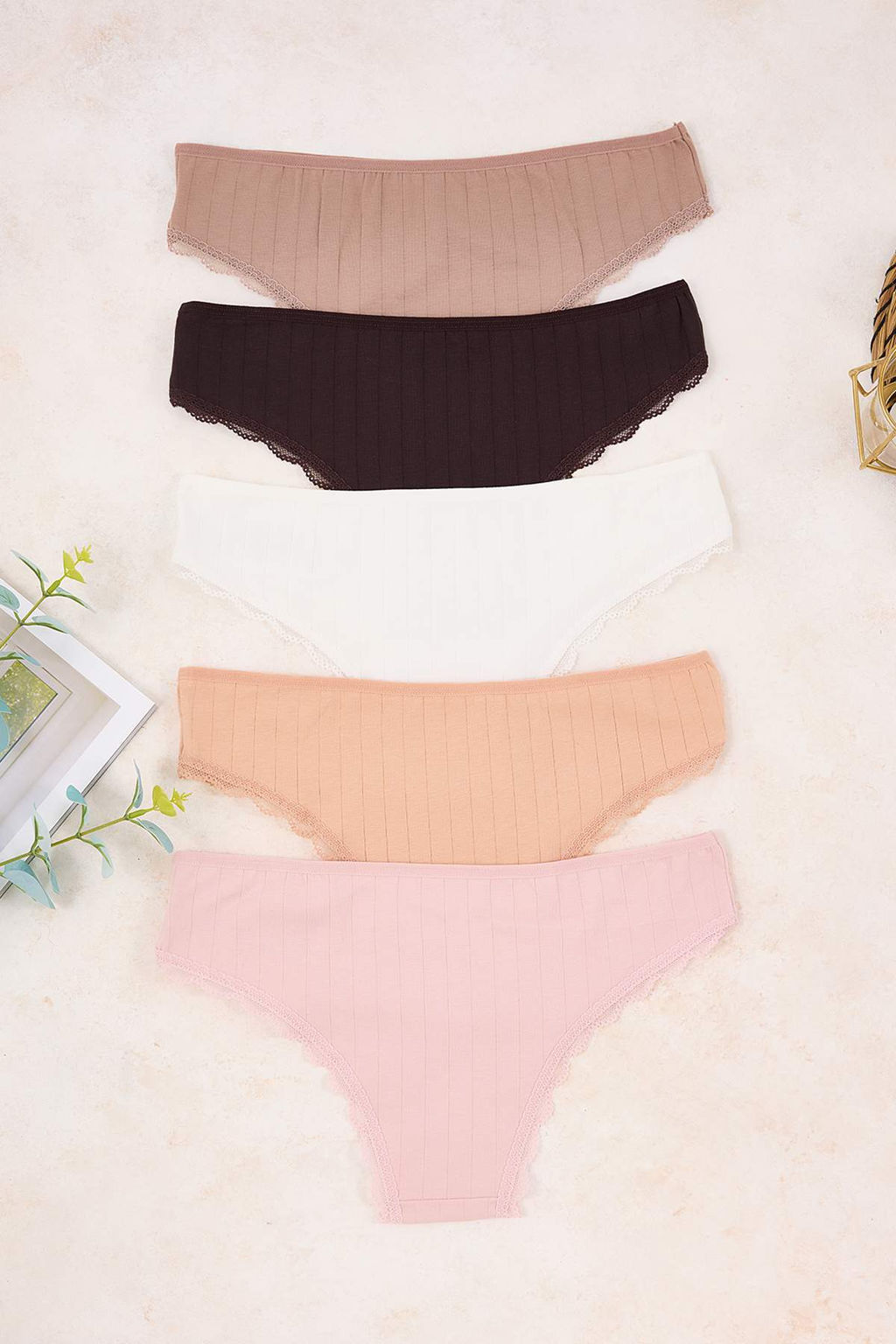 Kahverengi-Cok Renkli 5li Suprem Dantelli Cizgili Brazilian Kulot THMSS26KU00005 - Trendyolmilla фото 2