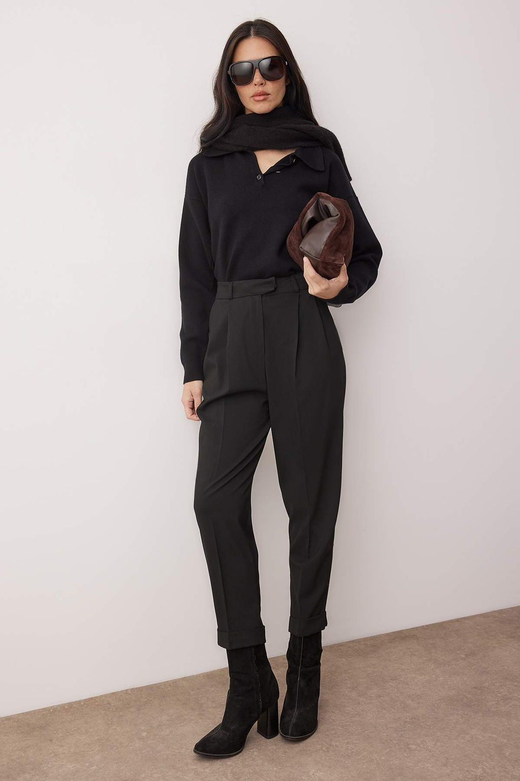 Siyah Pilili Genis Paca Extra Wide Leg Dokumlu Kumas Pantolon TWOAW26PL00155 - Trendyolmilla фото 4