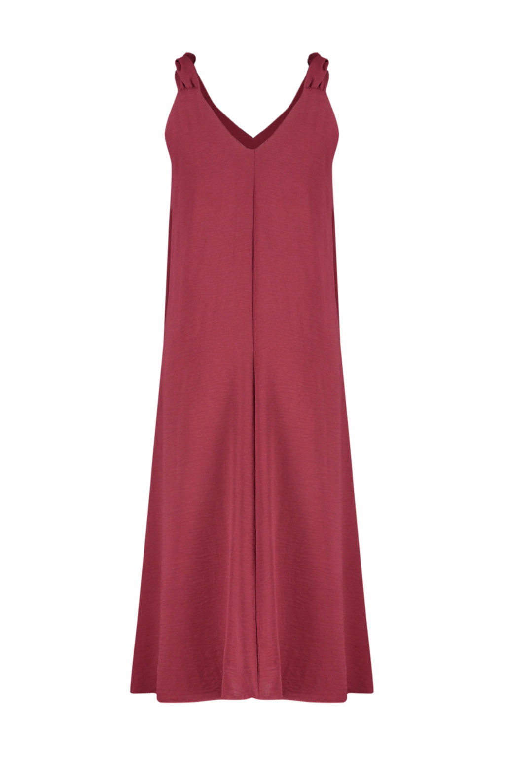 Bordo Rahat Kesim V Yaka Midi Dokuma Elbise TWOSS23EL00882