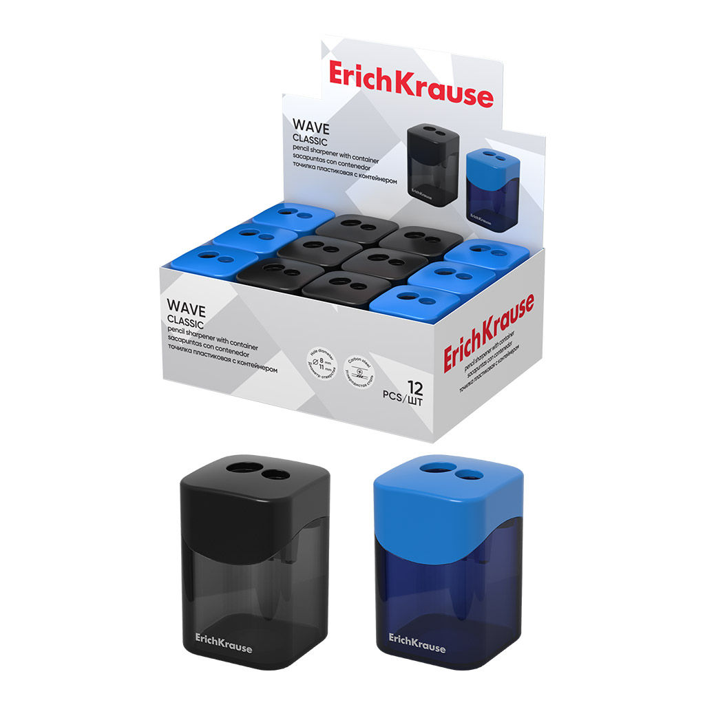 Цена за 12 шт. Точилка пластиковая ErichKrause Wave, Classic, двойная, с контейнером, ассорти (в коробке-дисплее по 12 шт)