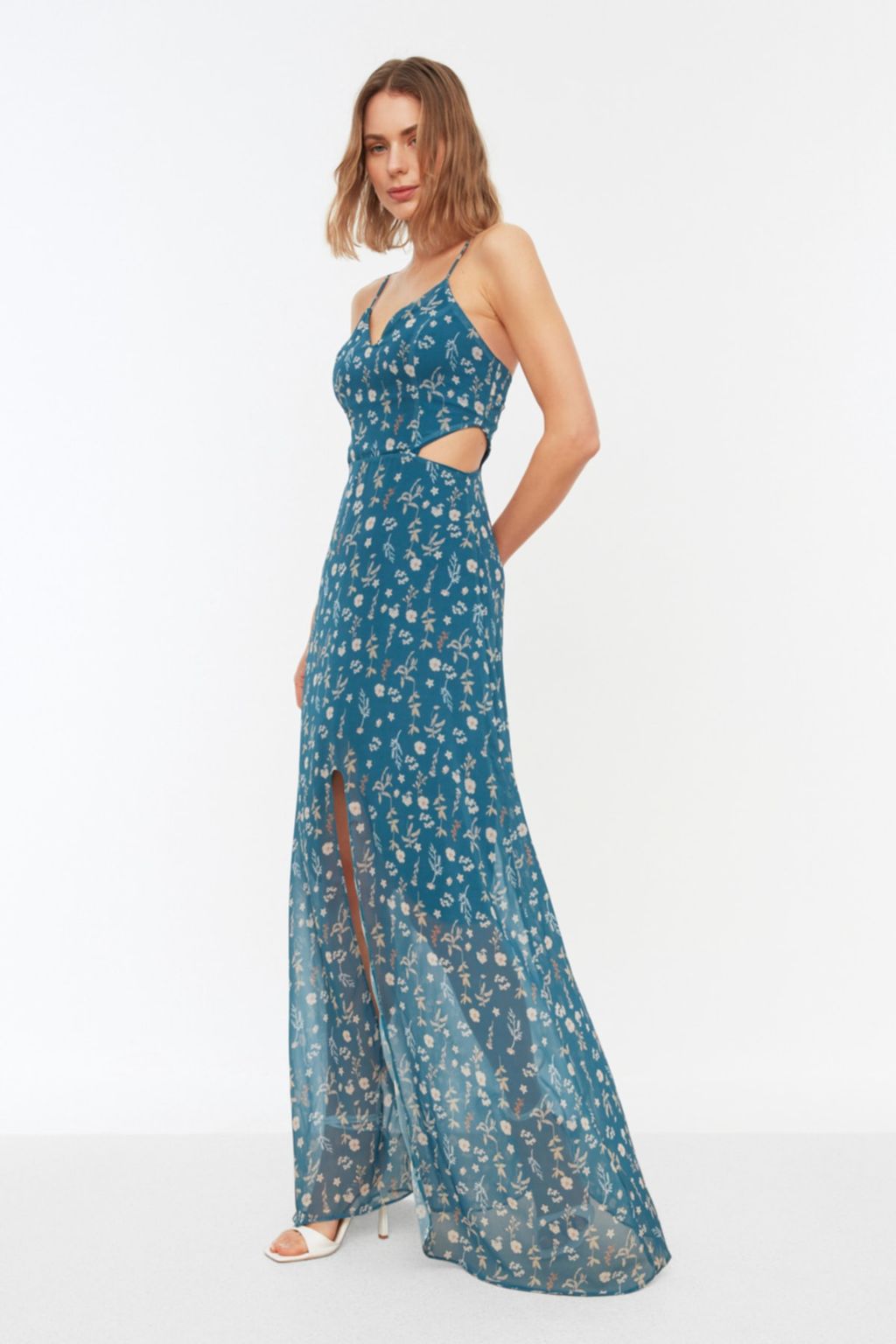 TRENDYOLMILLA Cok Renkli A Kesim Astarl? Pencere/Cut Out Detayl? Cicek Desenli Maxi Dokuma Elbise TWOSS20EL1270  фото 10