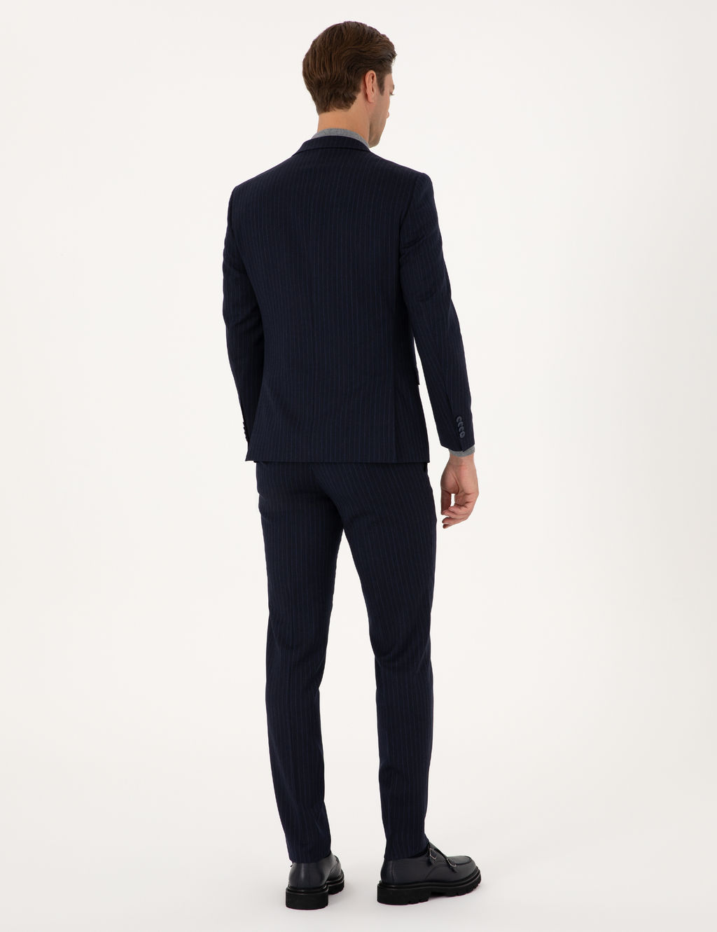 Lacivert Extra Slim Fit Y_n Kar___ml_ _izgili Tak_m Elbise