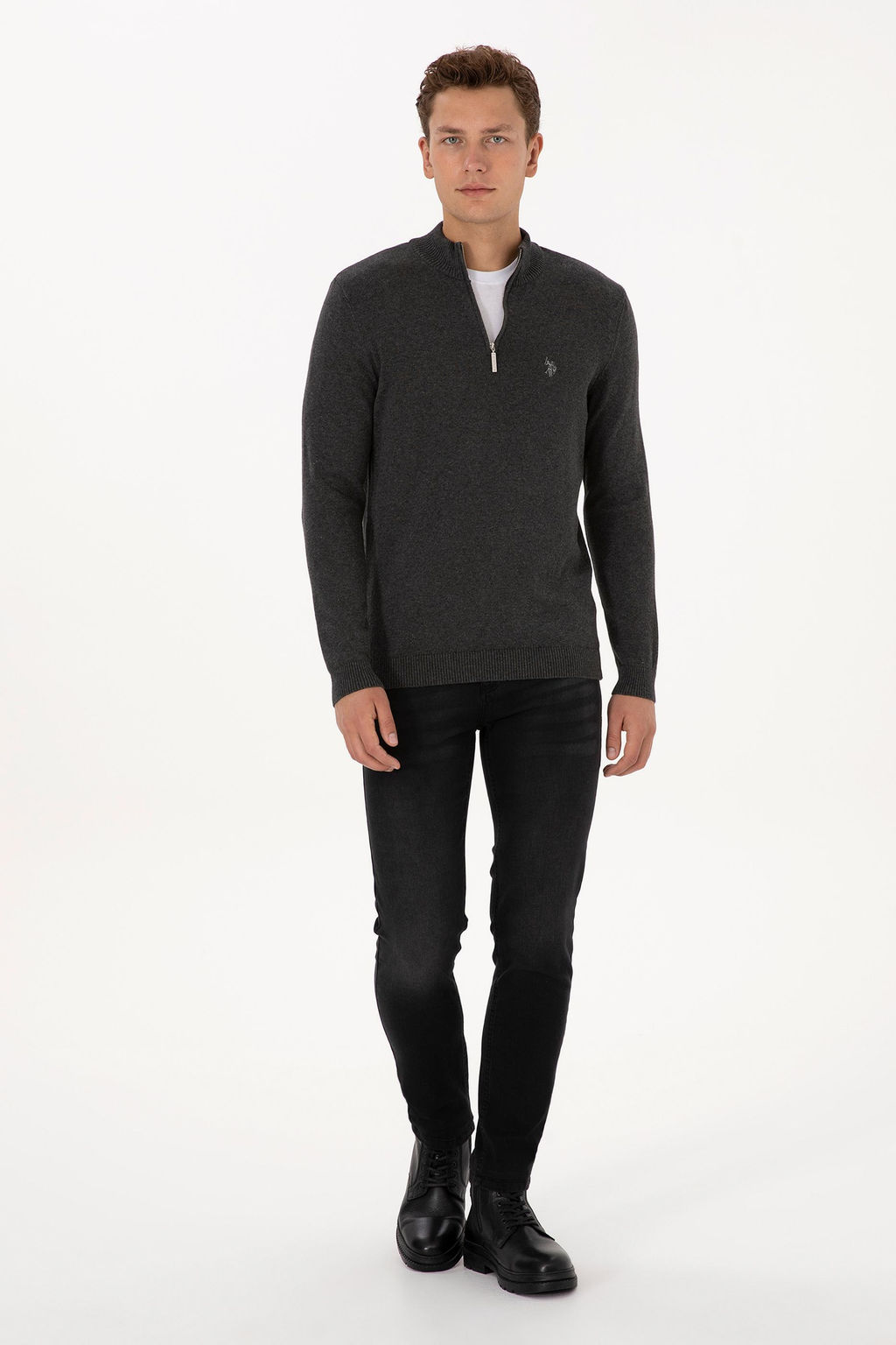 Erkek Slim Fit Yar_m Fermuarl_ Antrasit Melanj Basic Kazak - U.s. polo assn фото 4