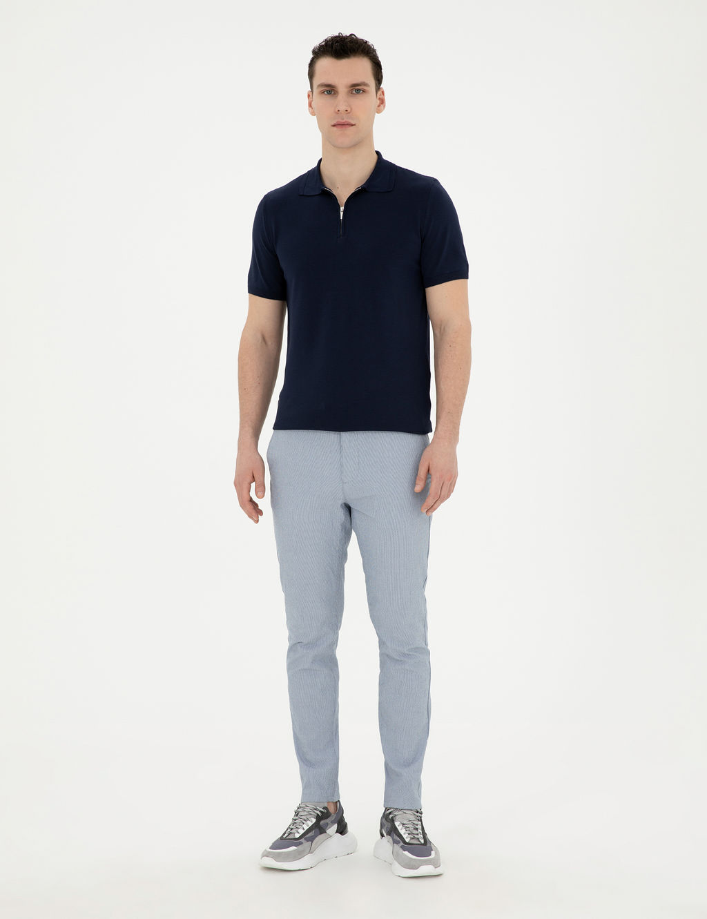 A__k Mavi Slim Fit Gofre Ba_c_kl_ Kanvas Pantolon