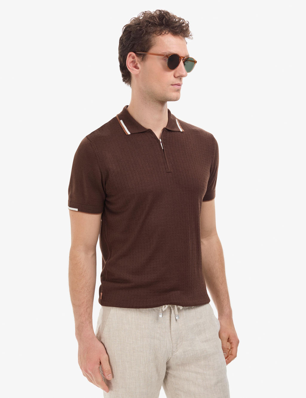 Kahverengi Slim Fit Polo Yaka Fermuarl_ Triko Ti__rt