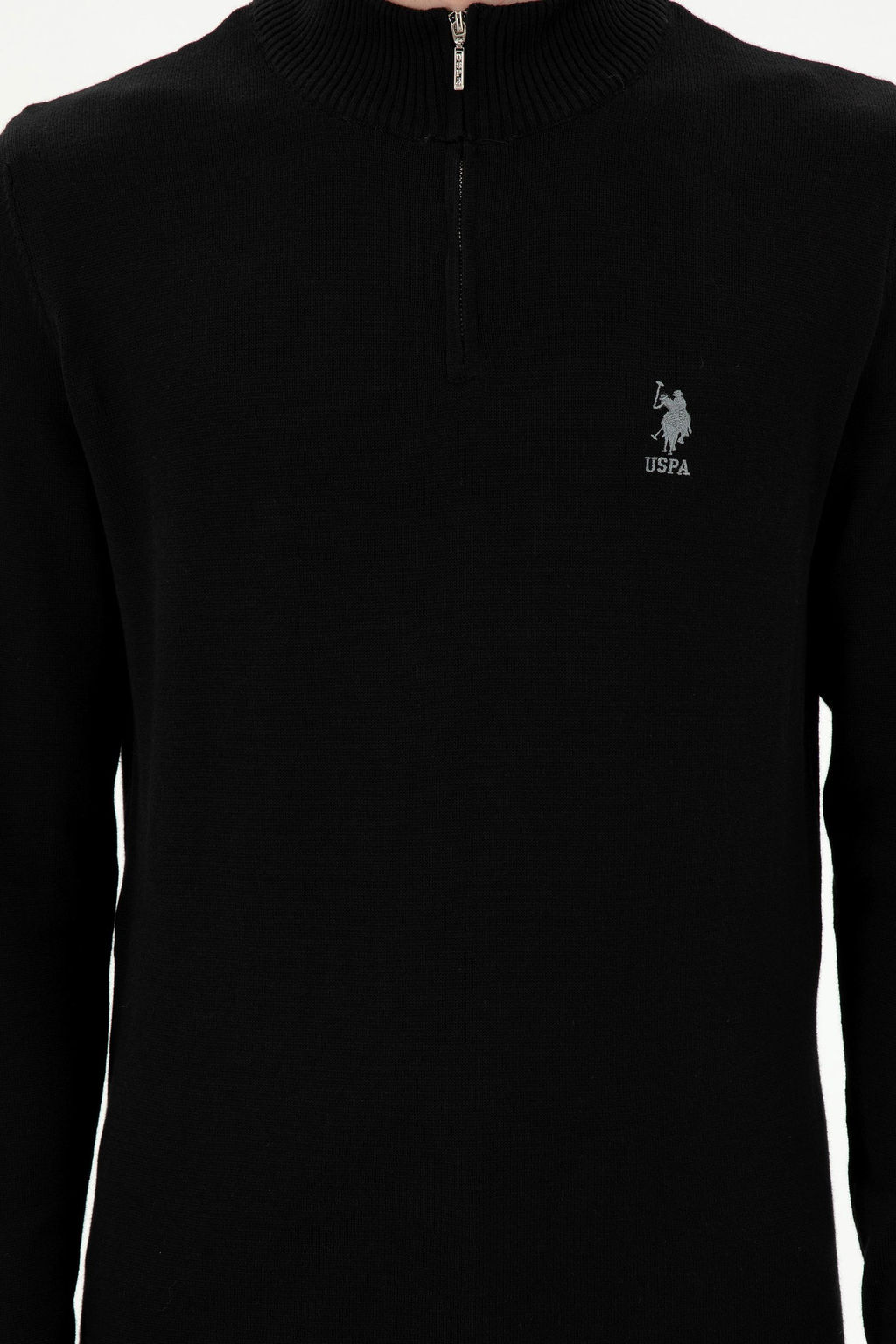 Erkek Slim Fit Yar_m Fermuarl_ Siyah Kazak