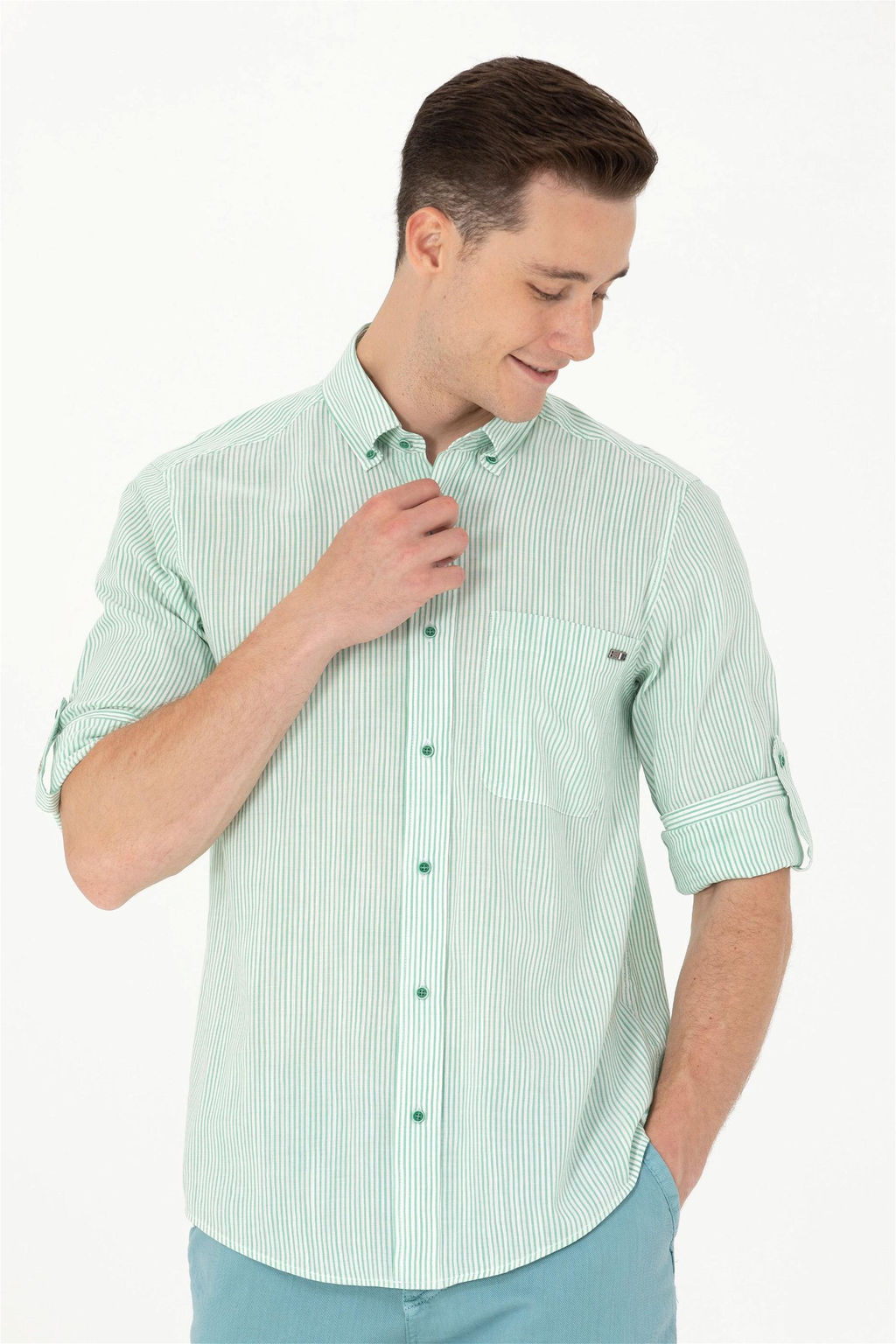 U. S. Polo Assn Мужская белая рубашка в зеленую полоску - U.s. polo assn фото 10
