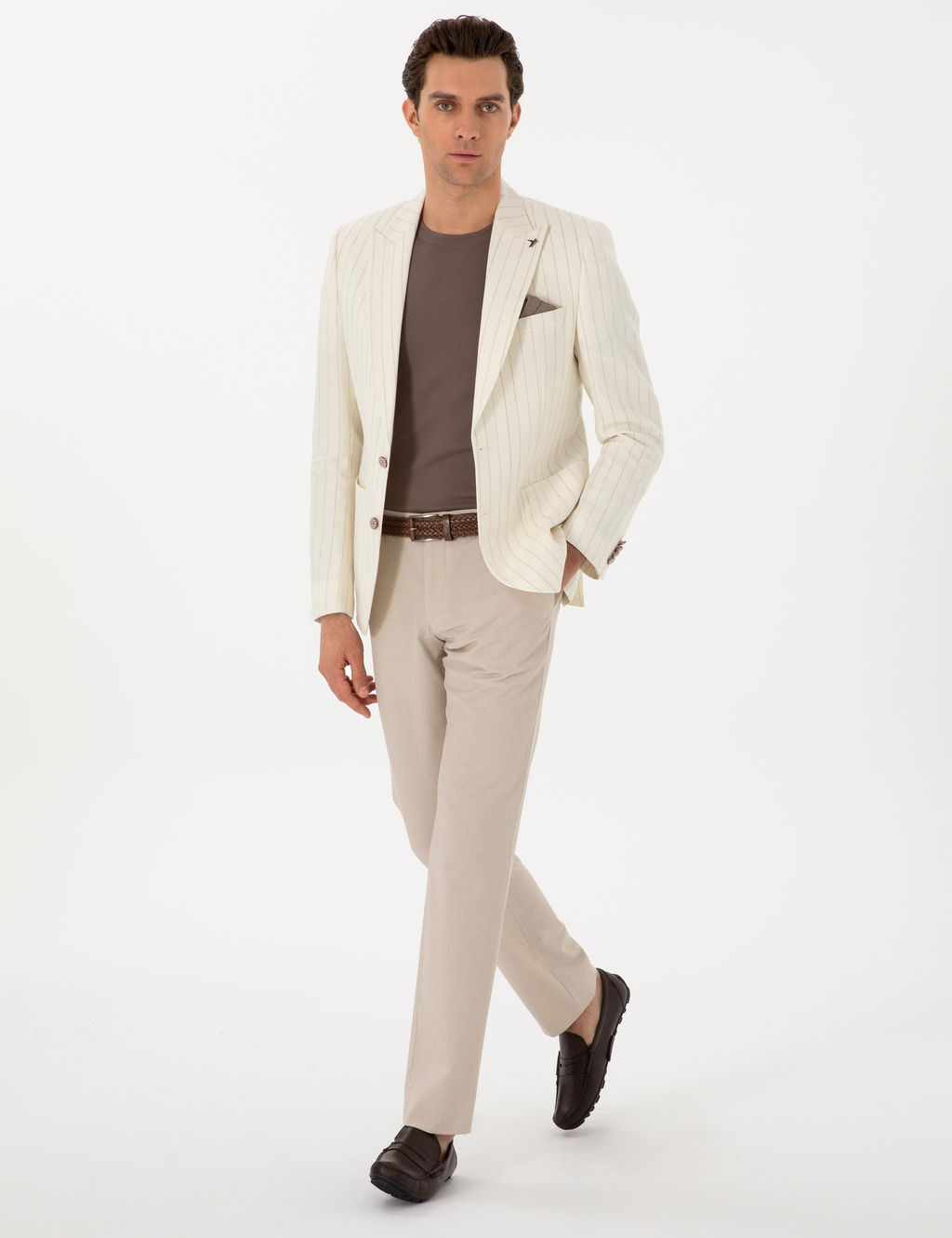 Ekru Slim Fit Y_n Keten Kar___ml_ _izgili K_rlang__ Yaka Ceket