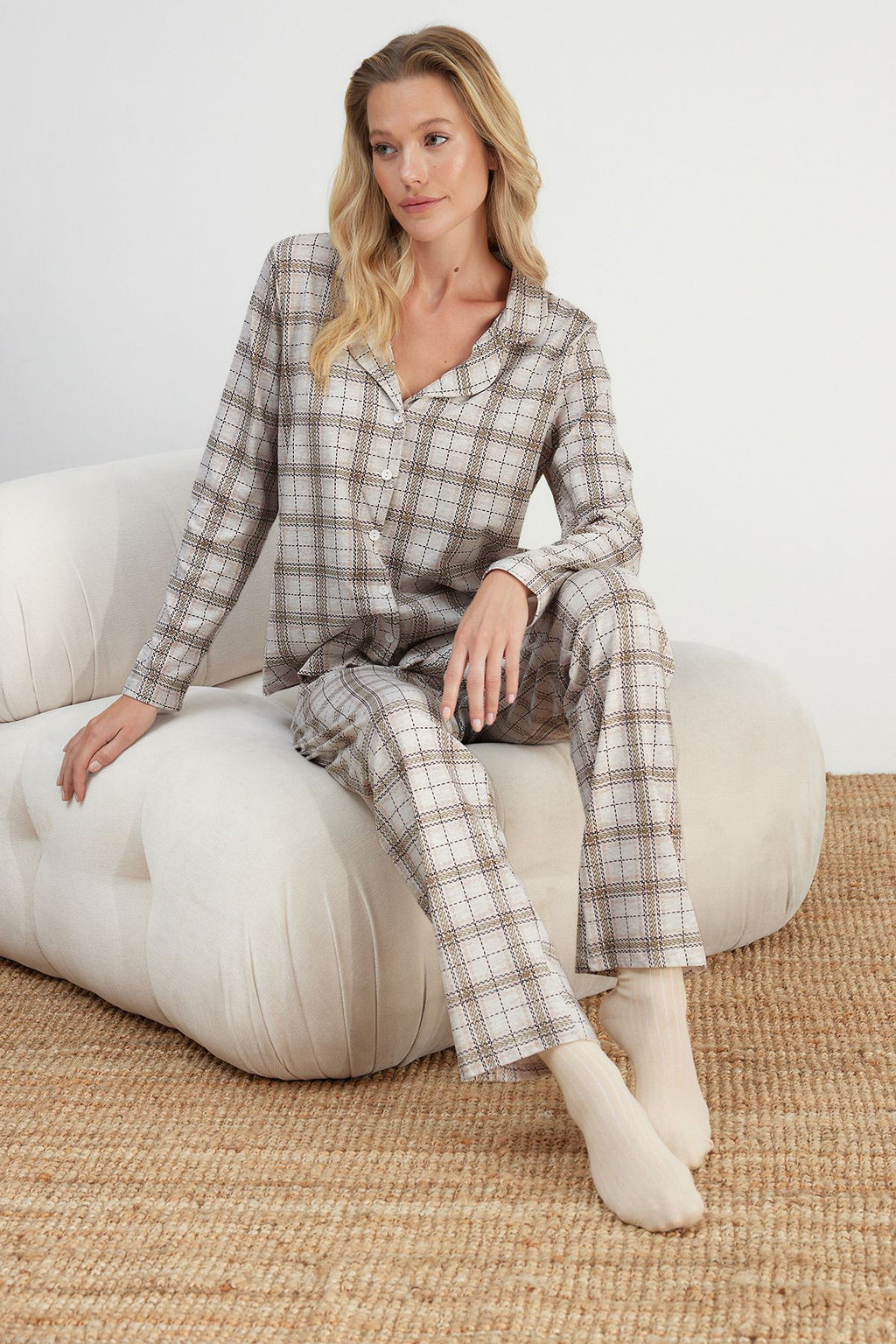 Trendyolmilla Bej %100 Pamuklu Ekoseli Orme Pijama Tak?m? THMAW20PT0266  фото 6