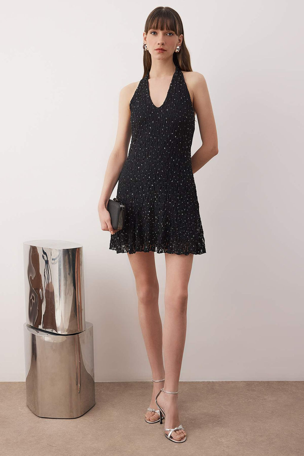 Siyah Duz Tas Bask?l? Tul K?sa / Mini Astarl? Elbise TPRAW26EL00095 - Trendyolmilla фото 2