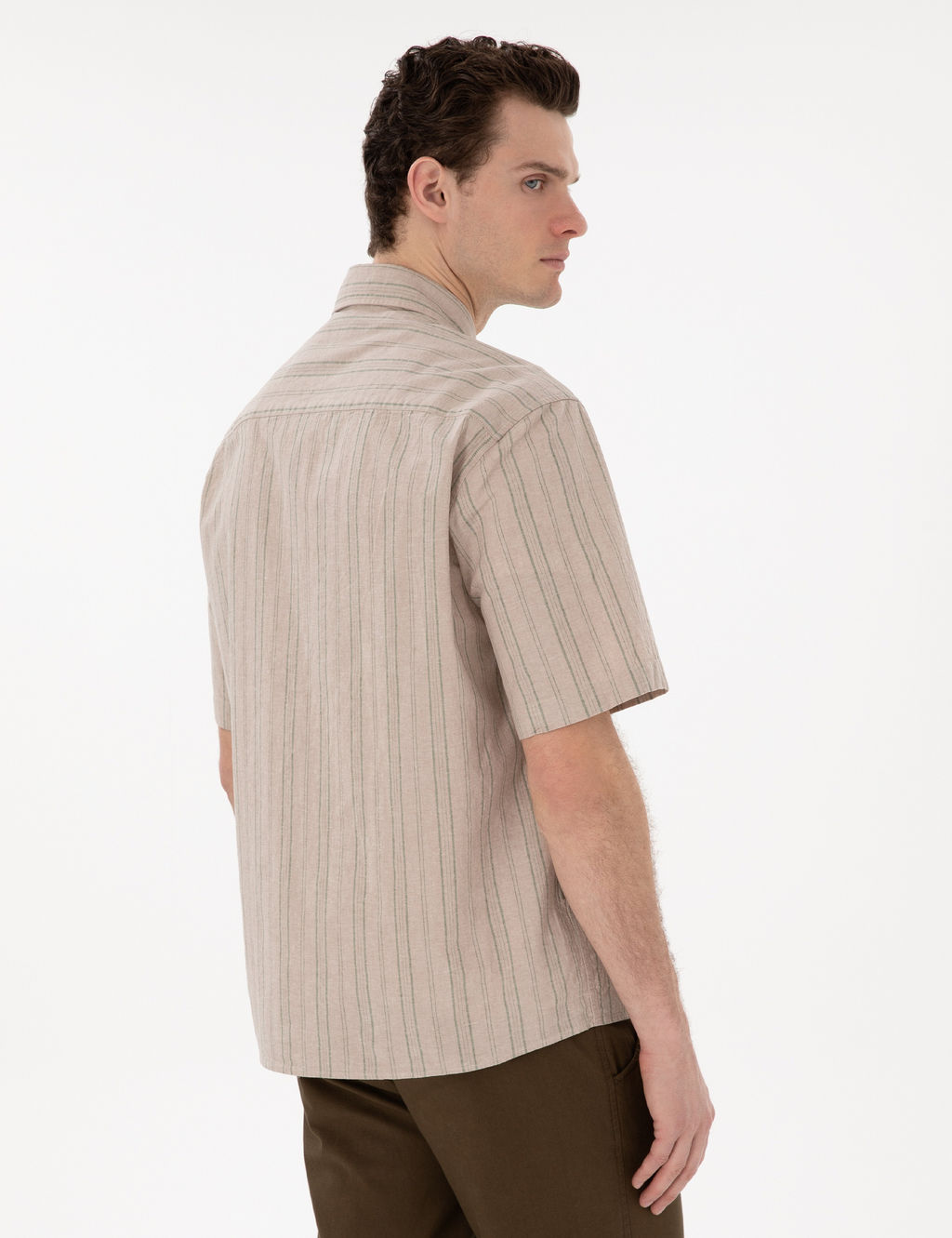 Haki Keten Kar___ml_ Oversize Rahat Kesim K_sa Kollu G_mlek