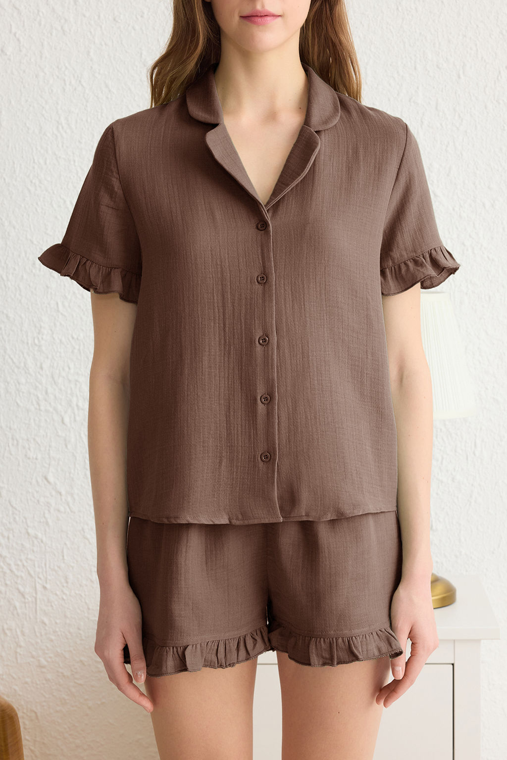 Trendyolmilla Yesil %100 Pamuklu F?rf?rl? Muslin Sortlu Dokuma Pijama Tak?m? THMSS25PT00034  фото 20