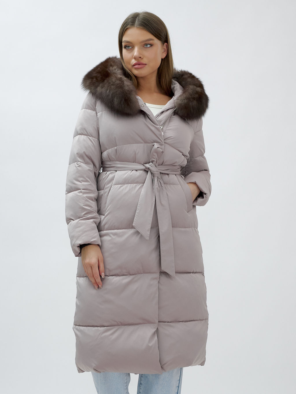 с мехом песец люкс класса Пальто зимние Бренд Visdeer, бежевого цвета  фото 12