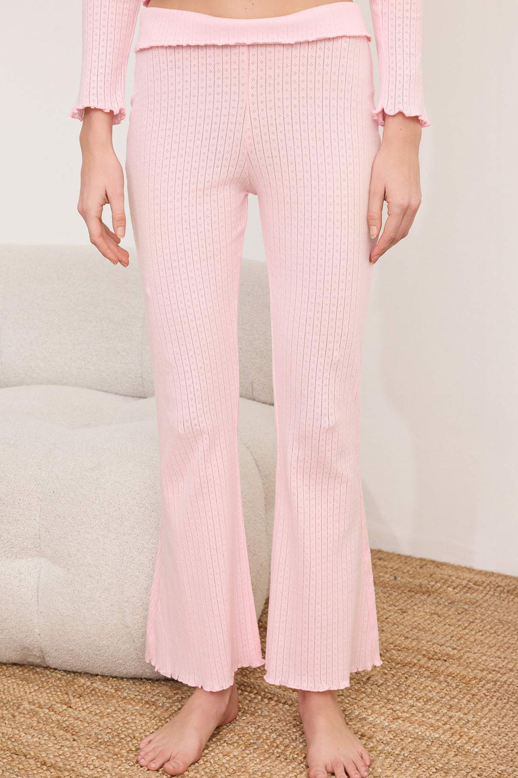 Ac?k Pembe Bel Detayl? H?rka Fitilli/Pointel Orme Pijama Tak?m? THMSS26PT00019 - Trendyolmilla фото 3