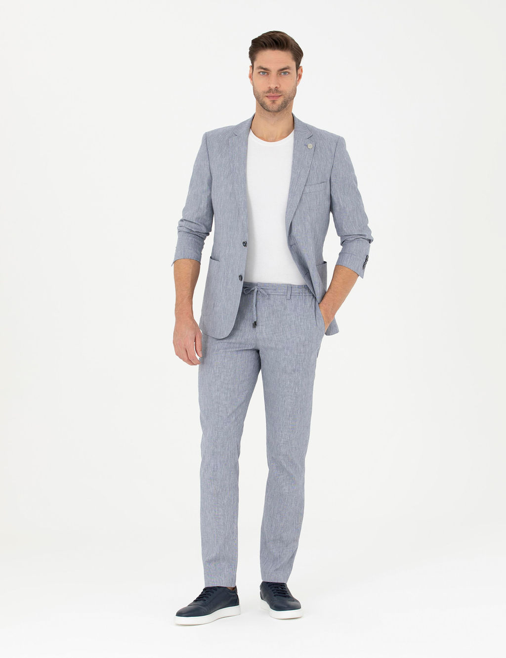 Koyu Mavi Ex. Slim Fit Keten Kar___ml_ Ceket