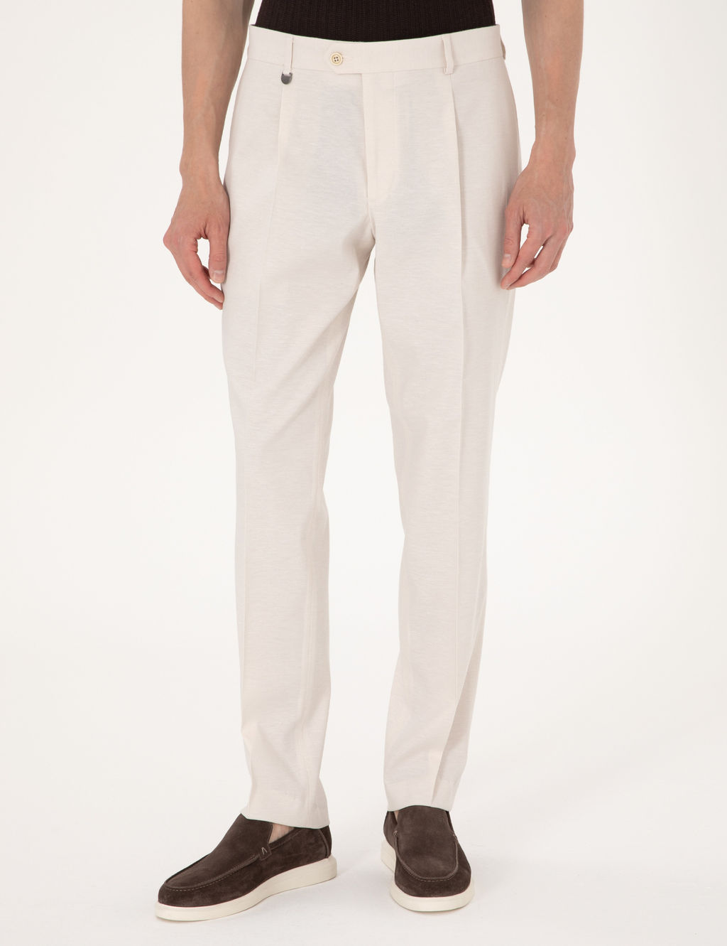 Bej Slim Fit Keten Kar___ml_ Pileli Kuma_ Pantolon