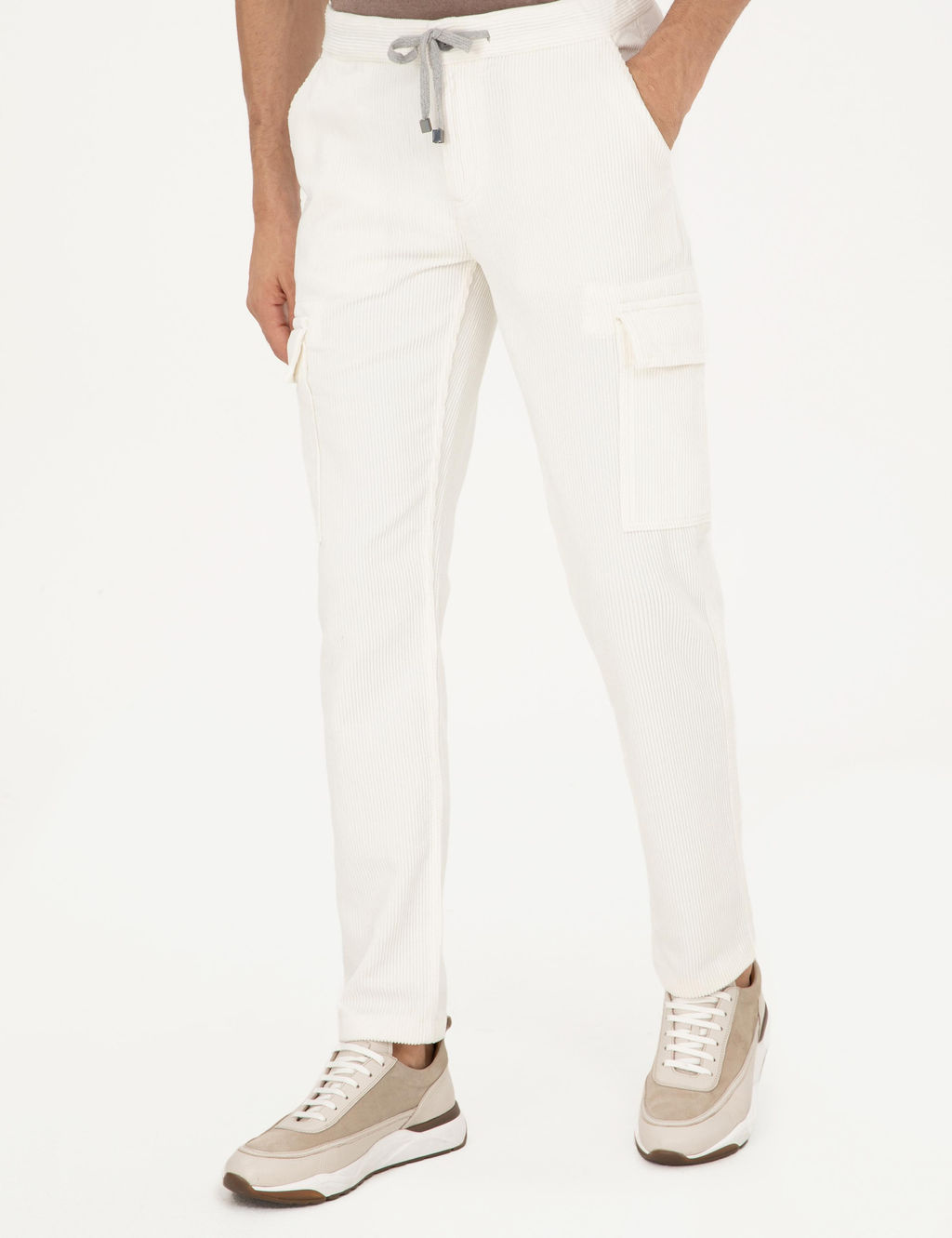 Beyaz Straight Fit Kadife Kargo Cepli %100 Pamuk Kanvas Pantolon