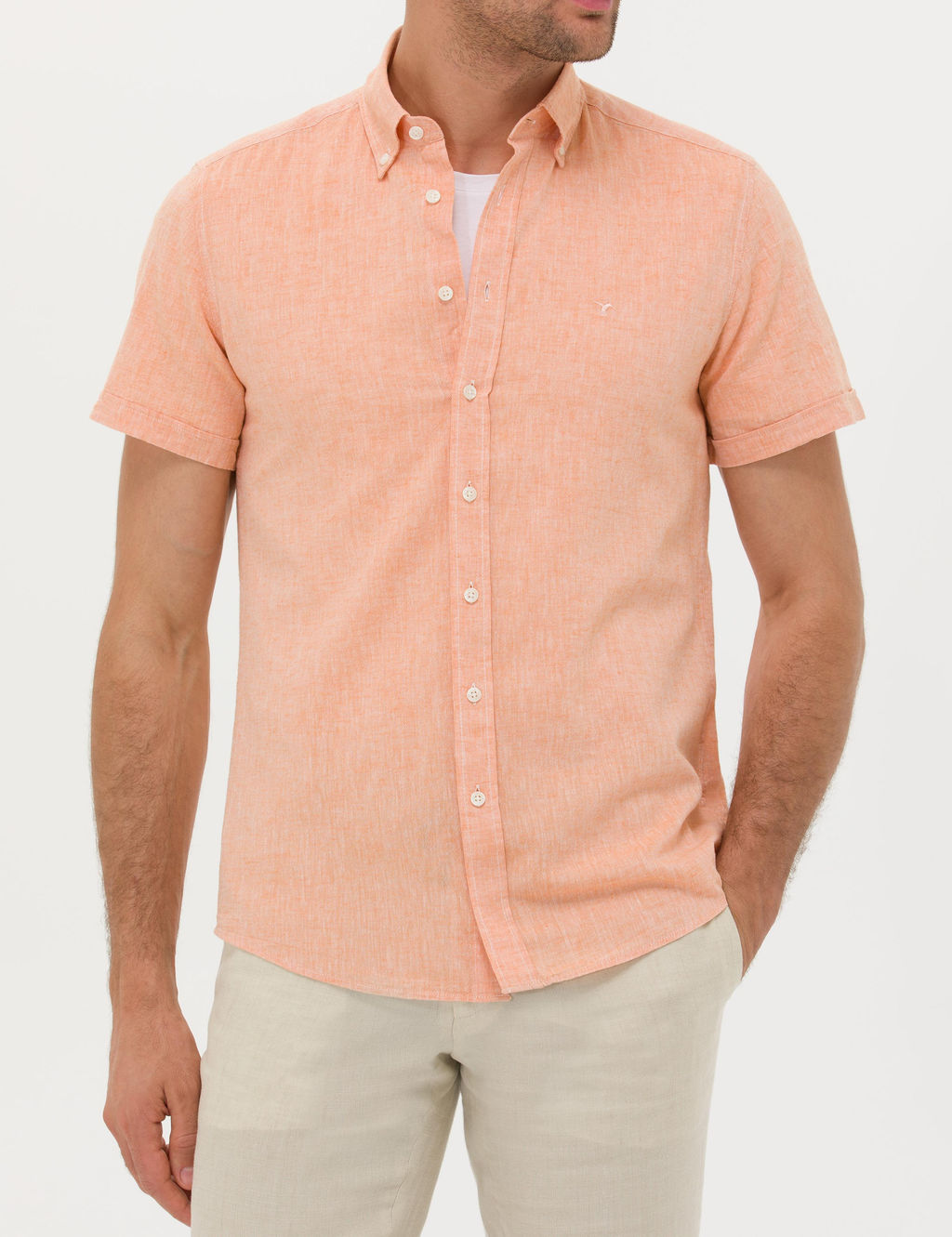 Turuncu Slim Fit Keten Kar___ml_ K_sakol G_mlek