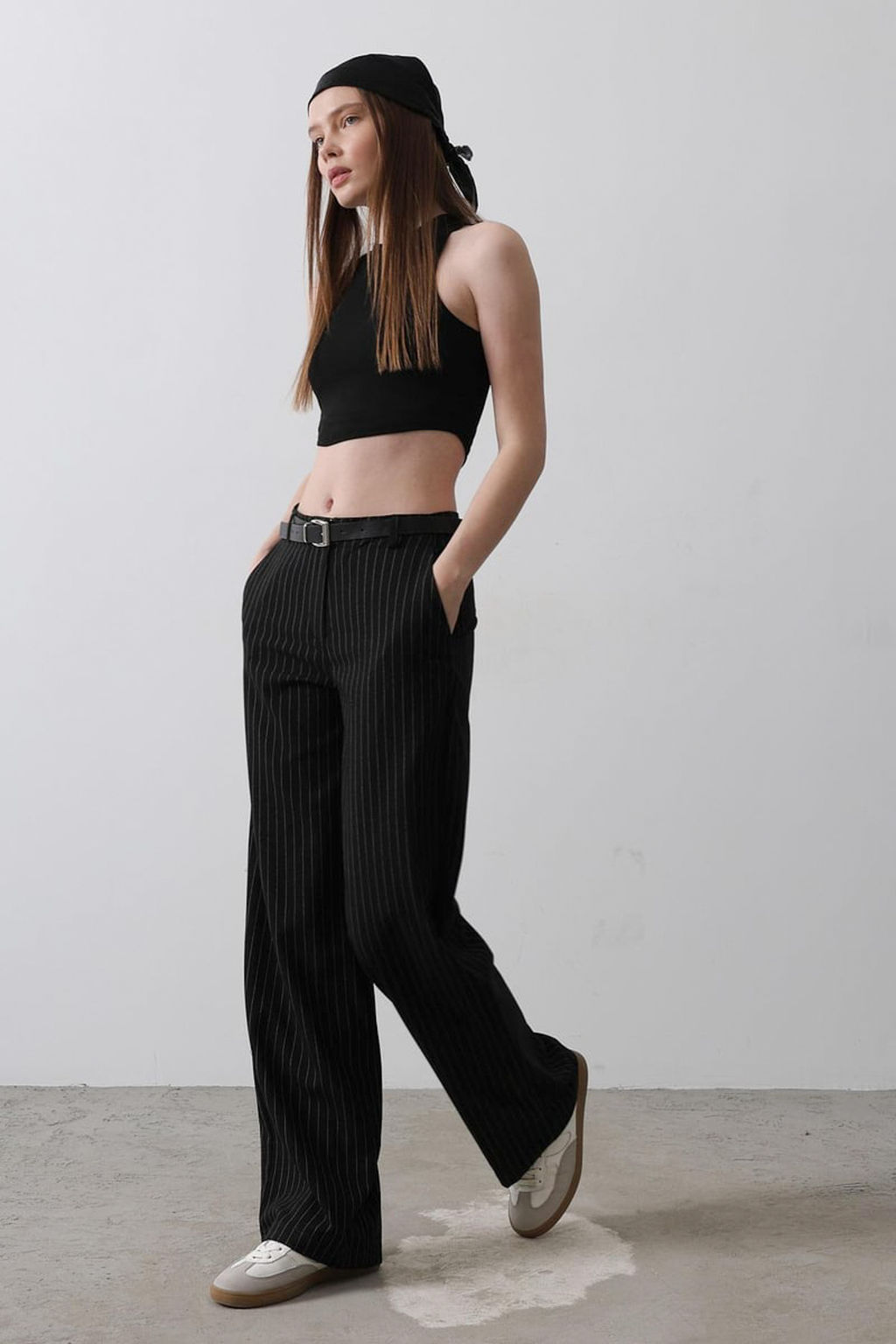 Siyah Kemerli Cizgili Wide Leg/Genis Paca Pantolon TWOAW26PL00108