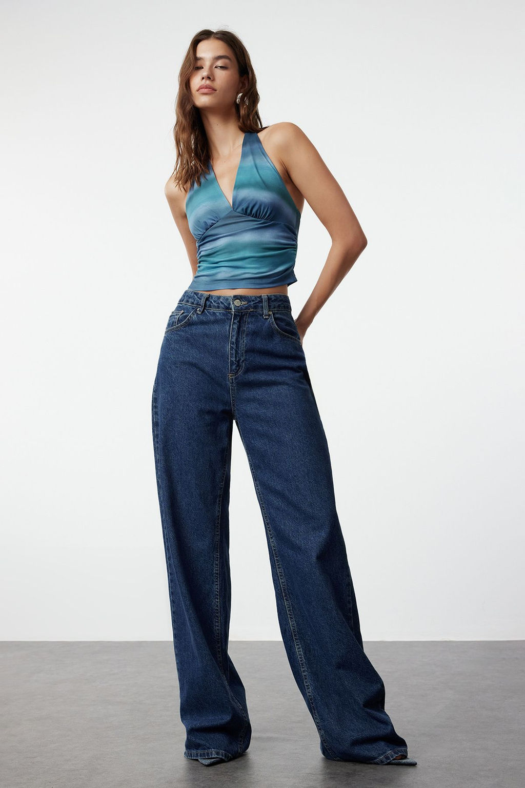 Indigo Boyundan Baglamal? Vucuda Oturan Esnek Crop Orme Bluz TWOSS24BZ00061