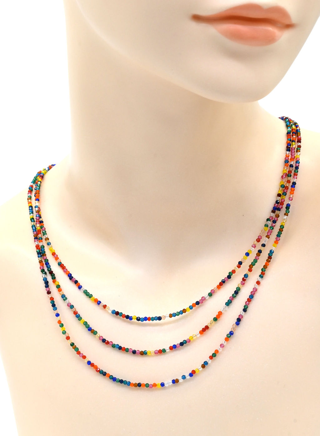 Колье с браслетом из шпинели мульти, 3 нити, шарик гр.2мм, 47см, 16см, 13г