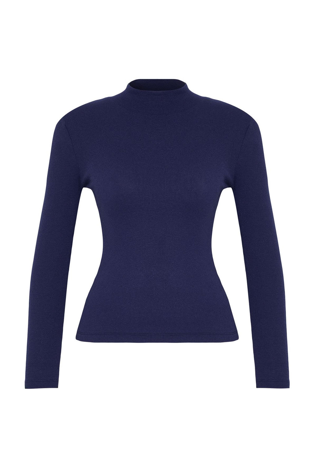 Lacivert Fitted/Vucuda Oturan Dik Yaka Uzun Kol Fitilli Esnek Orme Bluz TWOAW21BZ0423