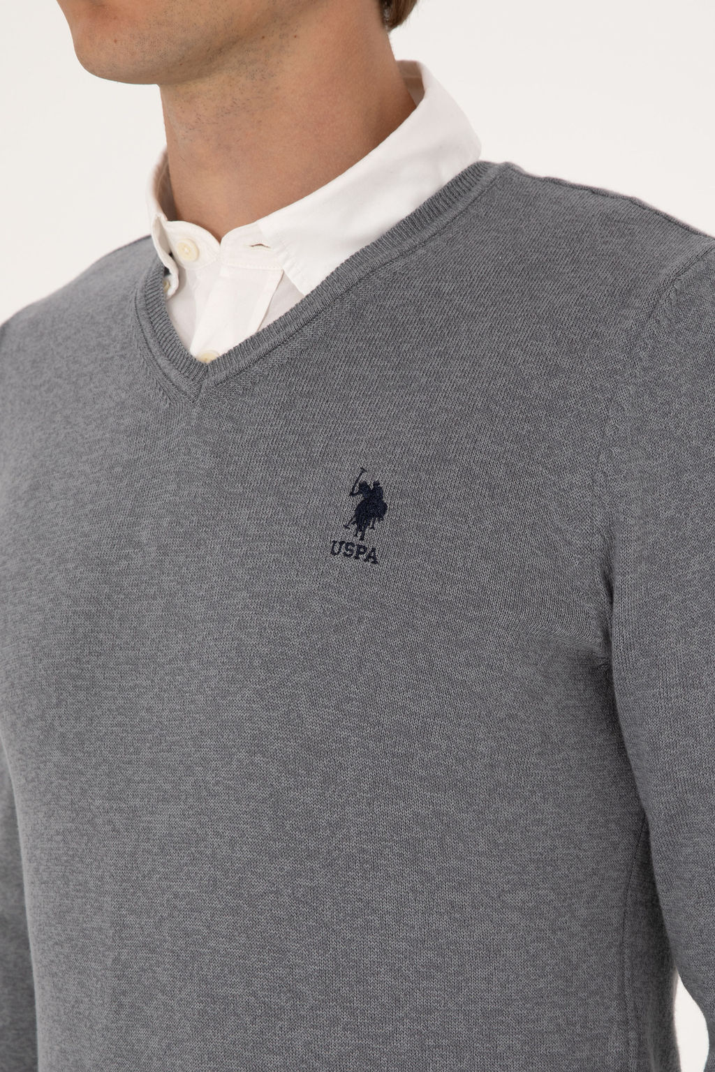 Erkek Slim Fit V Yaka Gri Melanj Basic Kazak - U.s. polo assn фото 14
