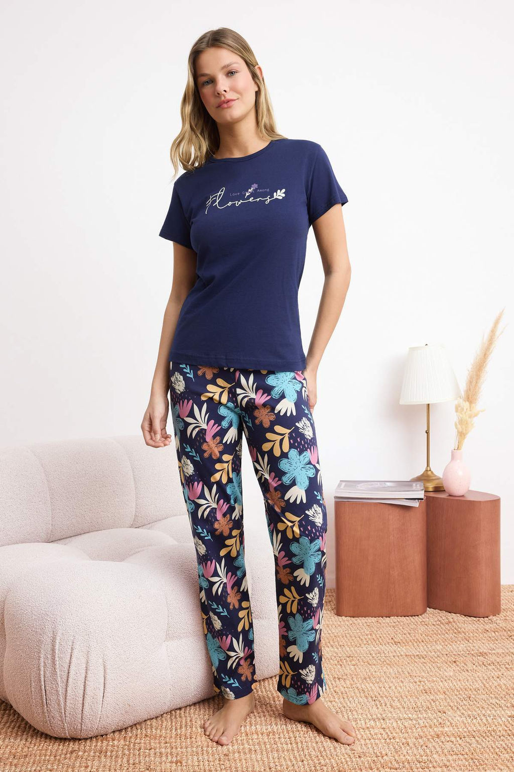 Trendyolmilla Pembe %100 Pamuklu Cicekli Sloganl? Orme Pijama Tak?m? THMSS25PT00378 фото 9