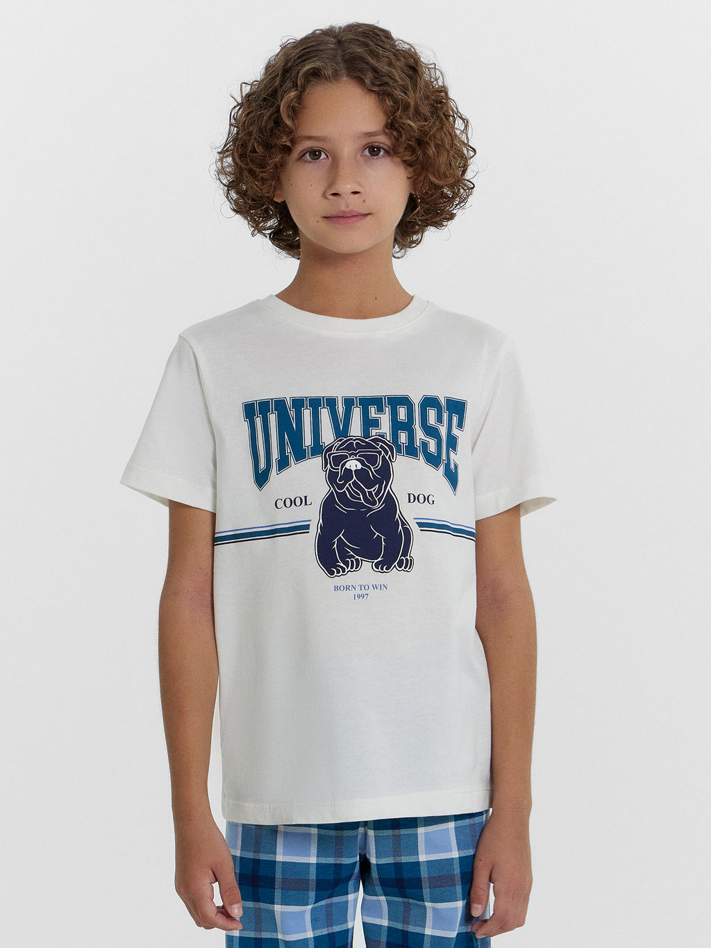 Комплект для мальчиков (футболка, брюки) светло-молочный в бирюзовую клетку - Mark formelle фото 3