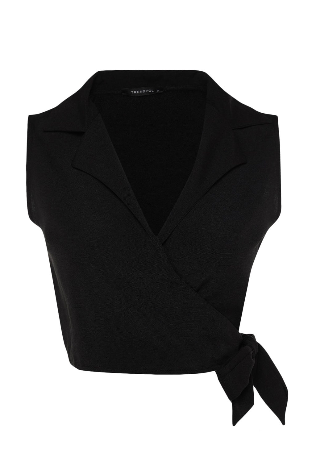 Siyah Baglamal? Crop Dokuma Keten Gorunumlu Bluz TWOSS23BZ00550