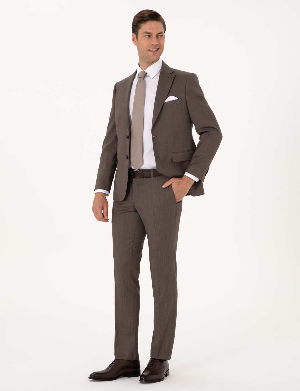 Kahverengi Slim Fit %100 Y_n _izgili Tak_m Elbise